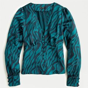 J. Crew V Neck Button Front Long Sleeve Top Green And Black Zebra Stripes Sz 4